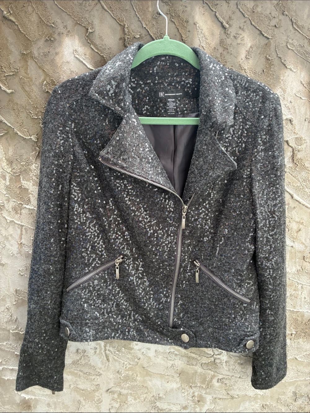 INC Mob Wife Edgy Punk Charcoal Sequin Moto Baddie Jacket Worn 1x Sz M